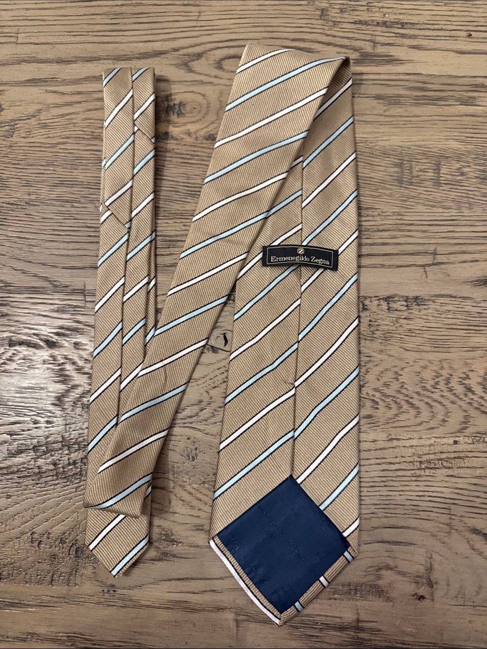 Ermenegildo Zegna Beige Silk Tie with Light Blue and White Stripes